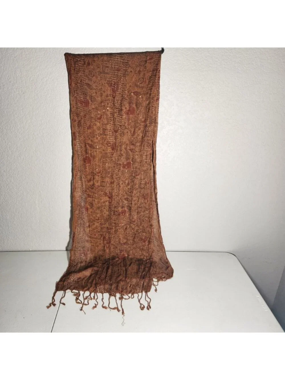 Lightweight Brown Paisley Sequin Scarf With Fringe Detail - Made In India - 100%